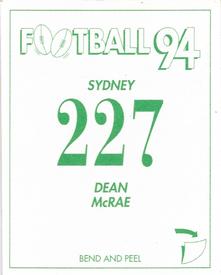 1994 Select AFL Stickers #227 Dean McRae Back